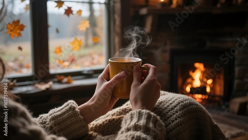 a person's hands holding a steaming mug of hot cider 