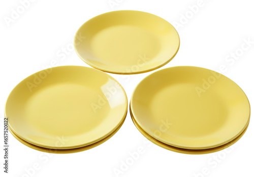 Set of Three Pale Yellow Melamine Dinner Plates isolated on transparent background