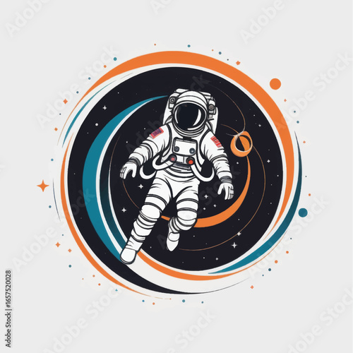 Astronaut Floating in Space Surrounded by Swirling Cosmic Orbits