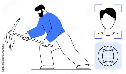 Man using pickaxe for mining action, global internet connectivity, and face recognition elements. Ideal for technology, data mining, cybersecurity, identity verification, AI, innovation global