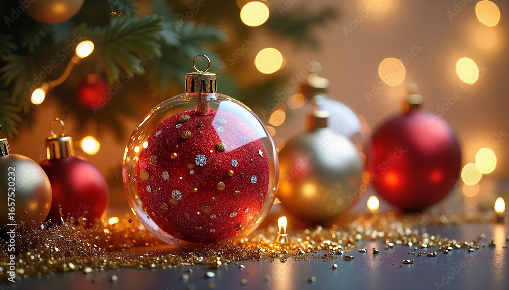 Fototapeta premium Colorful Christmas ornaments on table with festive winter lights 