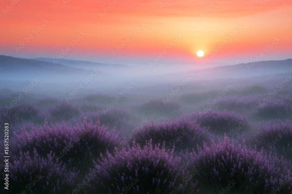 Obraz premium Lavender field landscape with misty hills and vibrant sunrise light in the background creating a dreamy, abstract natural atmosphere. Ai generative
