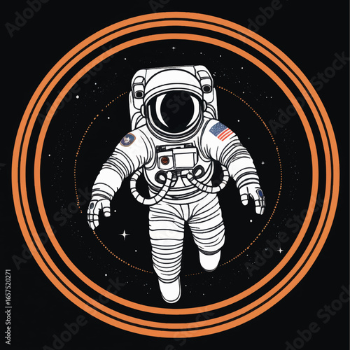 Astronaut in Space Suit, Floating in Cosmic Circles, Detailed Illustration