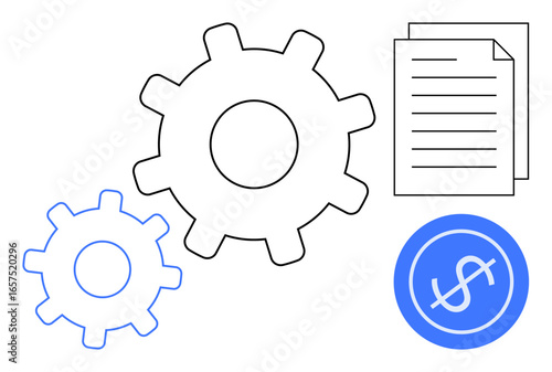 Interconnected gears joined by financial and document symbols, representing process management, efficiency, and cost analysis. Ideal for workflow, finance, business operations, strategy, planning