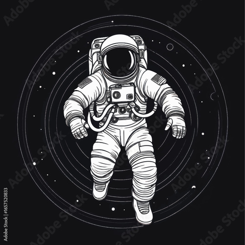 Monochrome Astronaut Floating in Space with Circular Cosmic Background