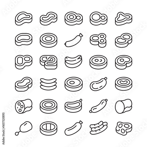Collection of isometric meat and sausages outline icons set on white background food illustrations