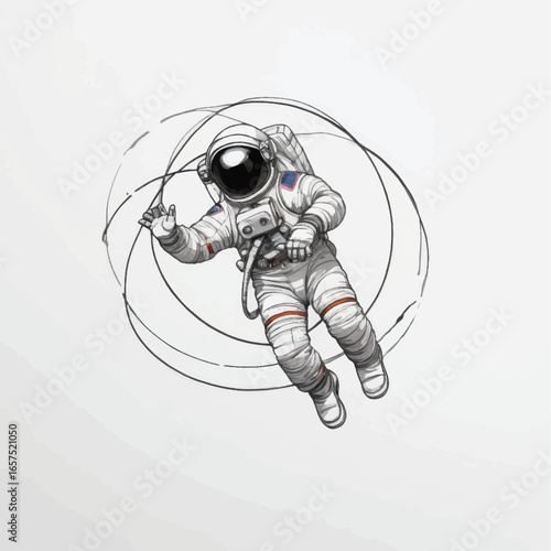 Detailed Astronaut Floating in Space with Artistic Circular Lines