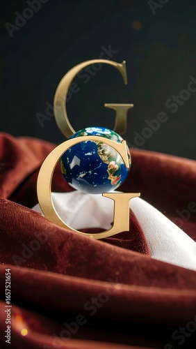 Globe & Golden Gs on Red Fabric, Studio Shot