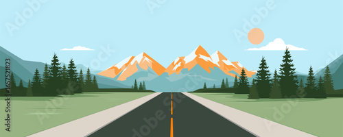 Beautiful road to the mountains, road adventure in the mountains. Vector illustration of a landscape of a road leading to the mountains among forest and amazing nature. Highway in beautiful nature.
