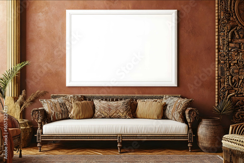 36 x 24 inch horizontal blank white framed poster mockup empty no shadows on a wall living room interior with a colonial style sofa african color scheme in warm bro