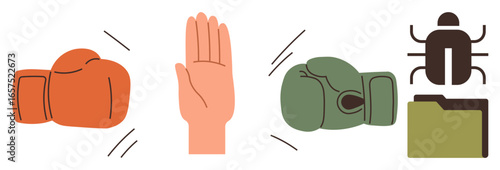 Boxing gloves clashing, a raised hand for stop or consent, and a bug near a folder. Ideal for conflict, resistance, security, teamwork, problem-solving technology and action themes. Simple flat