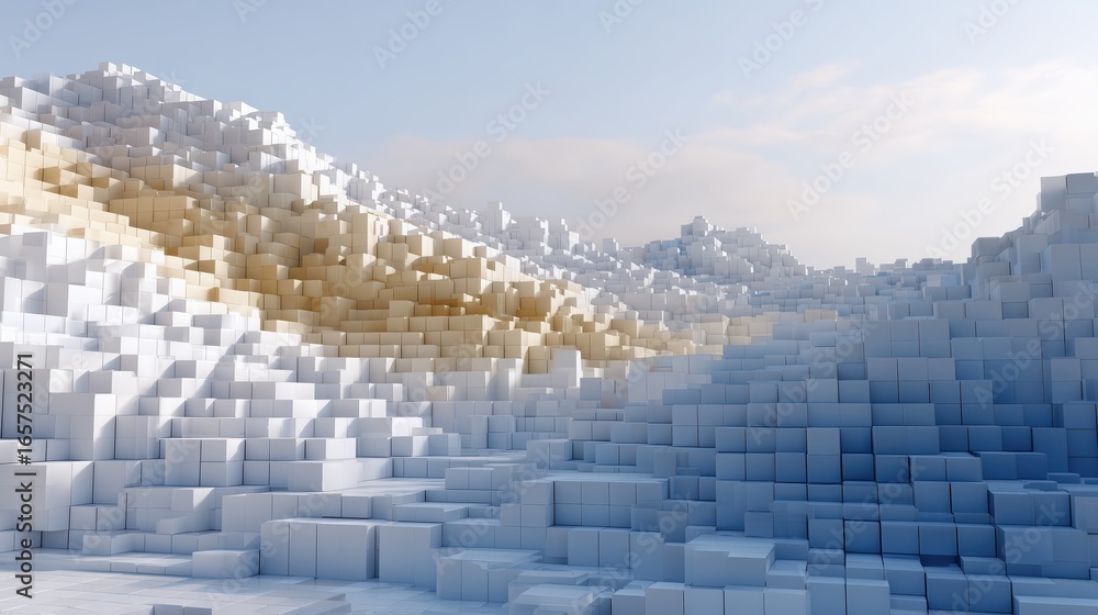Fototapeta premium Dithering square tiles Abstract landscape of white cubes resembling a mountainous terrain under a clear sky.