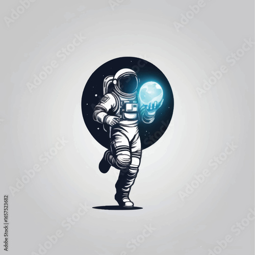 Astronaut Running with Glowing Orb in Cosmic Silhouette