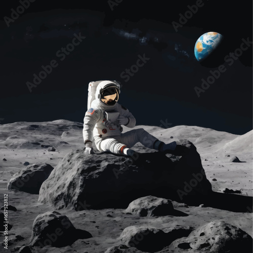 Astronaut relaxes on lunar rock with coffee, Earth visible in the distance