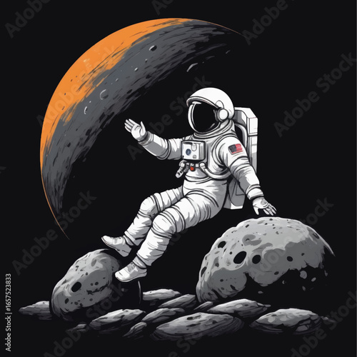 Astronaut Relaxing on Lunar Rocks with a Distant, Colorful Planet