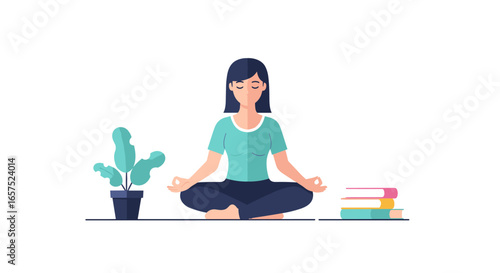A Calm Woman Practicing Meditation Is Shown In A Serene Illustration, Embodying Mindfulness And Relaxation, A Visual Representation Of Inner Peace, With Books And A Plant, Perfect For