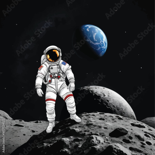 Astronaut on Lunar Surface Against Cosmic Background