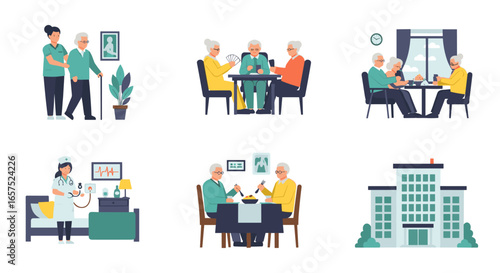 A Comprehensive Illustration Of Elderly Care, Depicting Nursing Home Scenarios, Healthcare Professionals, And Support, Showcasing Senior Living And Assistance With Daily Activities.