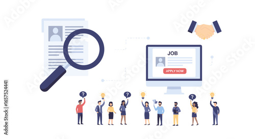 A Depiction Of Job Searching, Career Opportunities, And Employment Prospects Is Visualized Through A Magnifying Glass, Resume, Computer Screen With An Apply Now Button, And A Group Of