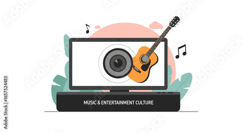 A Digital Music Concept The Image Showcases A Guitar Integrated With A Computer Screen, Symbolic Of Music Entertainment Culture, Representing Online Music, Digital Music Platforms, And