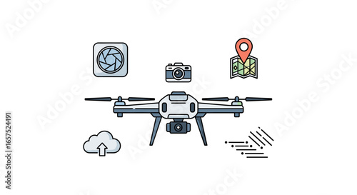 A Drone, Represented In A Simplified Flat Design, Showcases Aerial Photography And Mapping Capabilities, Including Camera Icons And Location Indicators, Illustrating Modern Technology And