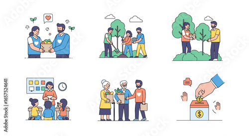 A Series Of Illustrations Depicting Community Engagement, Charity, And Social Responsibility, Including Giving, Volunteering, And Education For A Better Society.