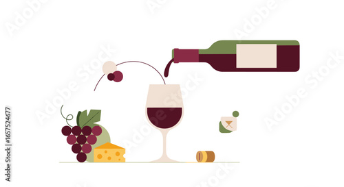A Stylish Illustration Captures Wine Being Poured Into A Glass, Accompanied By Grapes And Cheese, Depicting The Essence Of Wine Tasting And Culinary Delights.