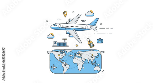 A Stylized Illustration Depicts An Airplane Flying Over A World Map, Showcasing Global Travel And Flight Routes, With Accompanying Travel Elements Representing International Journeys And