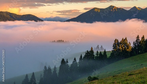 Serene mountain vista with ethereal fog and vibrant sunrise over the landscape