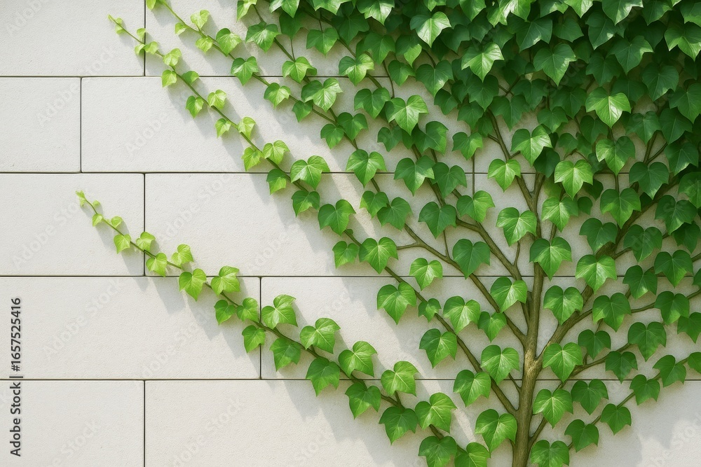 Fototapeta premium Climbing ivy plant growing in tree shape on white tiled wall with natural sunlight and leaf shadows, symbolizing green living concept. Ai generative