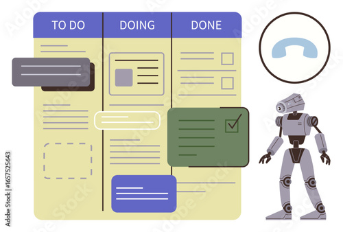 Robot beside Kanban board with To Do, Doing, and Done columns, reflecting productivity. Ideal for workflow, task management, automation, project planning, AI involvement time management simple flat