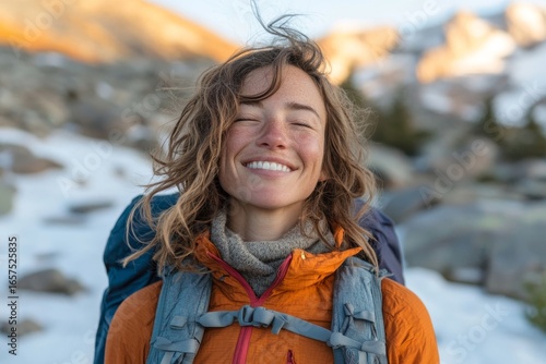 Free-spirited woman smiling with her eyes closed during a mountain hike at sunrise. The image emphasizes joy, freedom, and the mental health benefits of outdoor activities, Generative AI