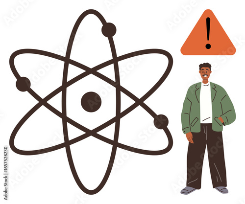 Atom model with orbiting electrons, triangular warning sign, and a casually dressed person. Ideal for science education, safety, risk awareness, research, physics, STEM fields and caution concepts