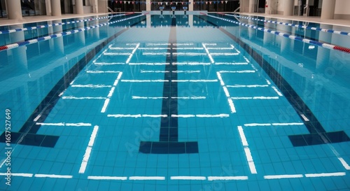 Indoor swimming pool with clear blue water and lane dividers, a perfect place for swimming and aquatic sports, great for health and fitness