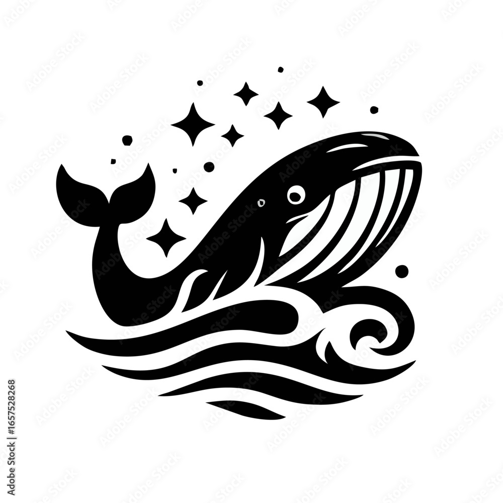 Fototapeta premium Whale in Ocean Silhouette with Stars Vector Design