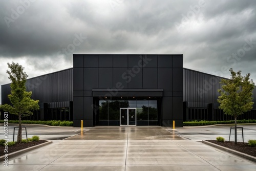 Wallpaper Mural Modern black commercial building entrance facade with reflective glass under moody sky Torontodigital.ca