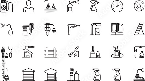 A set of minimalist line art cleaning and maintenance icons on a transparent background