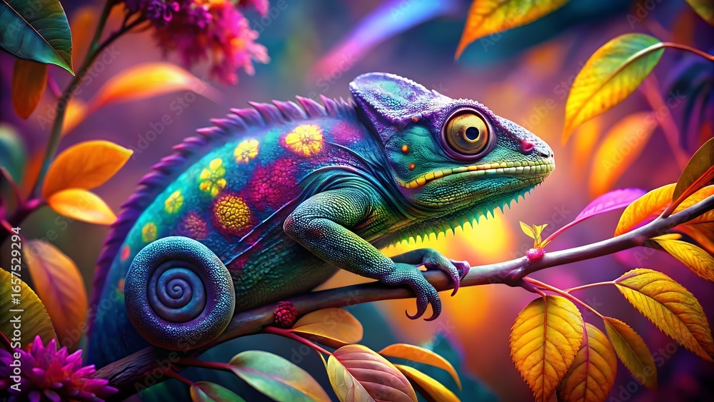 Obraz premium A vibrant, colorful chameleon with intricate patterns rests on a tree branch amidst lush foliage