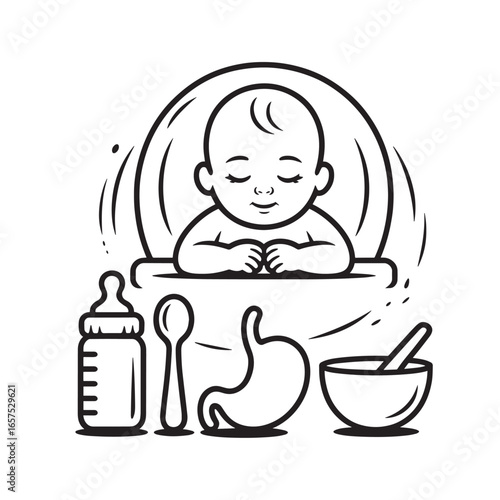 Cute Baby in Highchair with Food Related Icons Bottle Spoon Stomach and Bowl Line Art Illustration