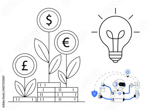 Growing plants with currency symbols on coins, large light bulb symbolizing innovation, robot interacting with data and processes. Ideal for technology, finance, AI, innovation, growth, automation