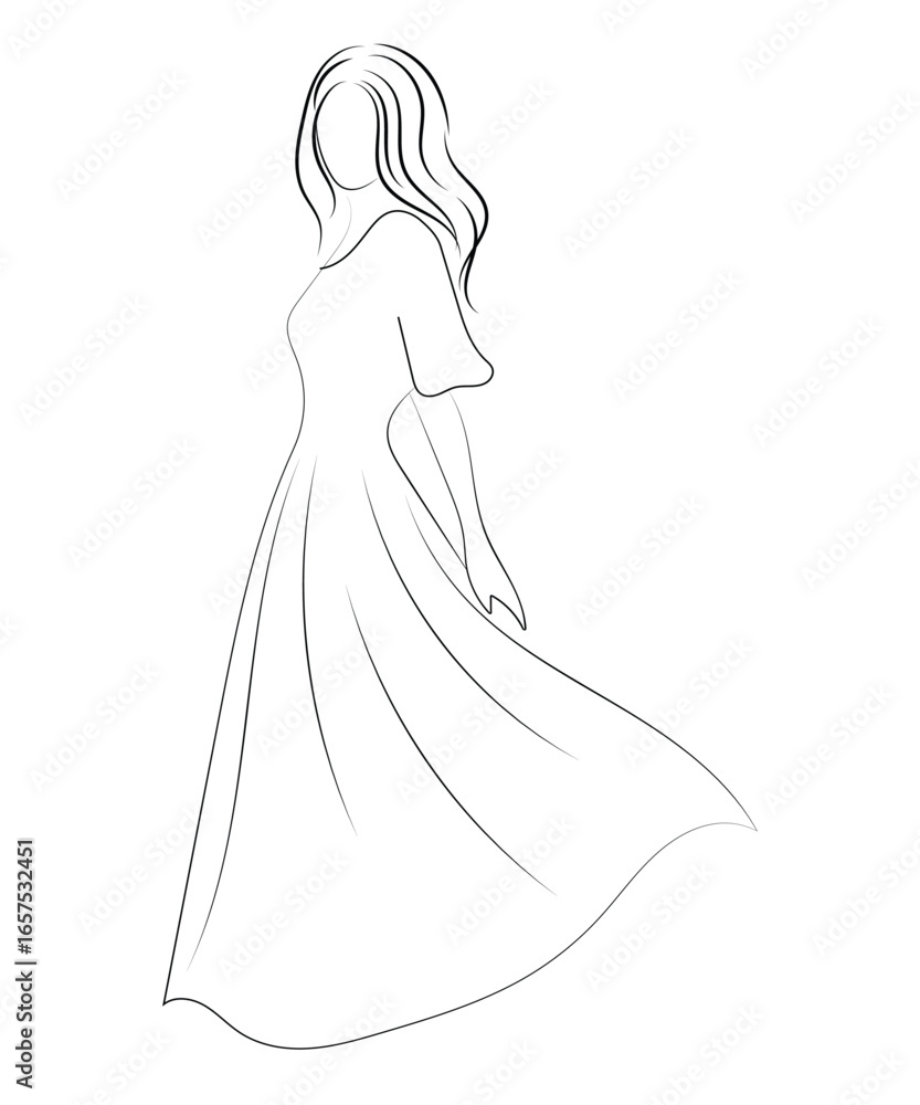 Minimalist Line Art Elegant Woman in Flowing Long Dress. Minimalist Line Art Elegant Woman in Flowing Long Dress.