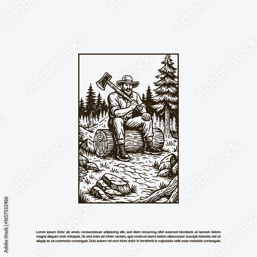 Vintage retro hand drawn lumberjack or old man cutting a tree in forest 