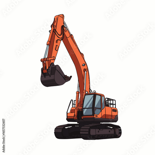 A powerful orange hydraulic excavator, essential for digging and earthmoving projects, stands ready for heavy construction work on a pristine white background.