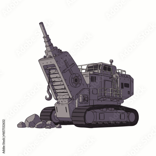 A robust, tracked industrial rock crushing machine actively processes raw materials, symbolizing heavy construction and mining operations.