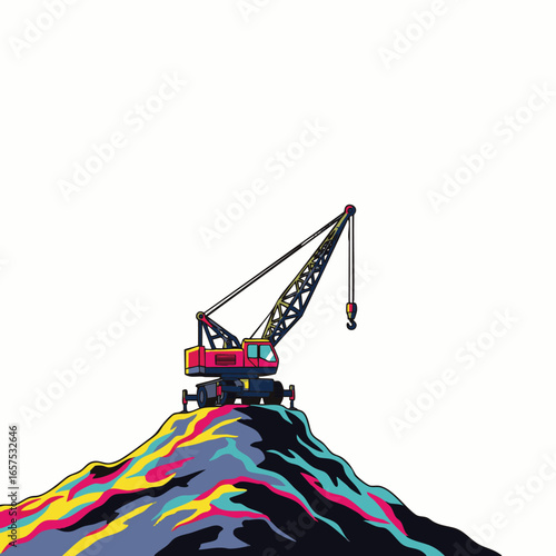 A vibrant illustration depicts a robust construction crane positioned atop an abstract, multi-colored mountain of material, symbolizing progress and industry.