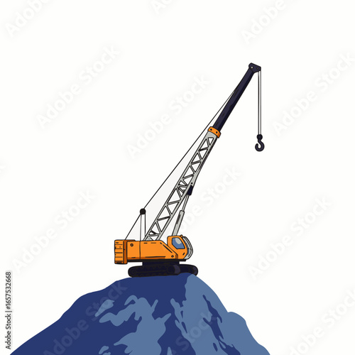A robust yellow crawler crane stands atop a large blue earth mound, ready for heavy lifting and construction tasks, isolated on a clean white background.