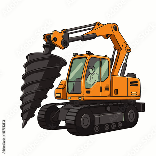 An isolated cartoon illustration depicts a robust orange drilling machine, an industrial excavator with a large auger, ready for construction.