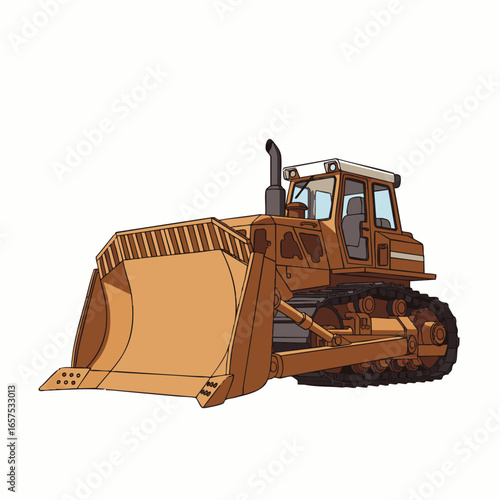 An isolated illustration of a powerful brown bulldozer, an essential piece of heavy construction equipment, ready for earthmoving and demolition tasks.
