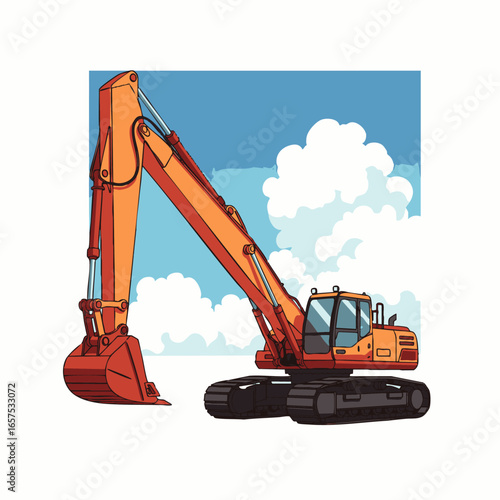 A vibrant orange excavator, a powerful heavy construction machine, stands ready for digging and earthmoving operations under a bright blue sky.