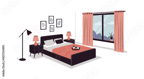 A modern bedroom with a large window and pink curtains and bedspread silhouette